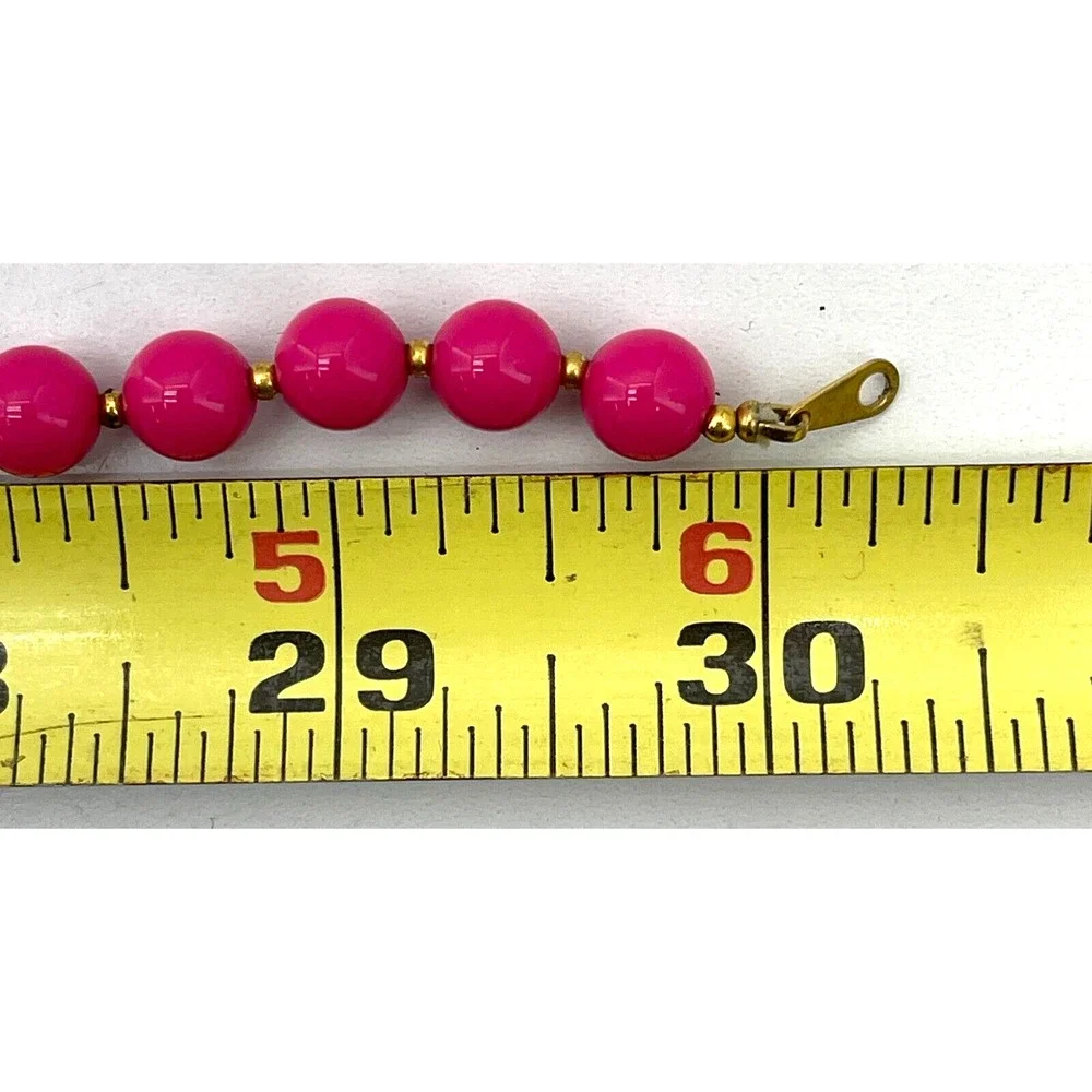 Vintage Hot Pink Beaded Necklace w/ Gold Tone Ball Spacers Fashion Jewelry 30
